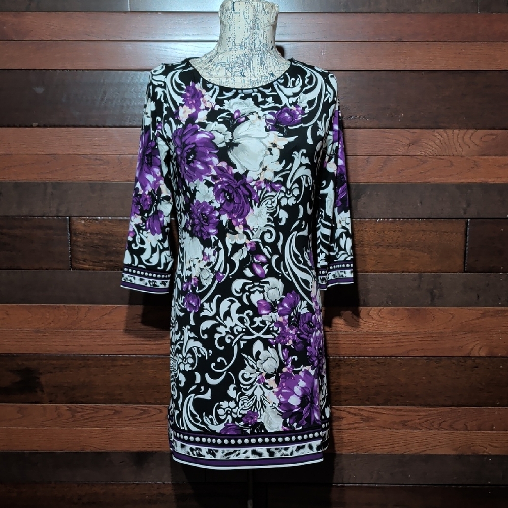 White House Black Market Black Floral Long Sleeve Dress with Purple Accents